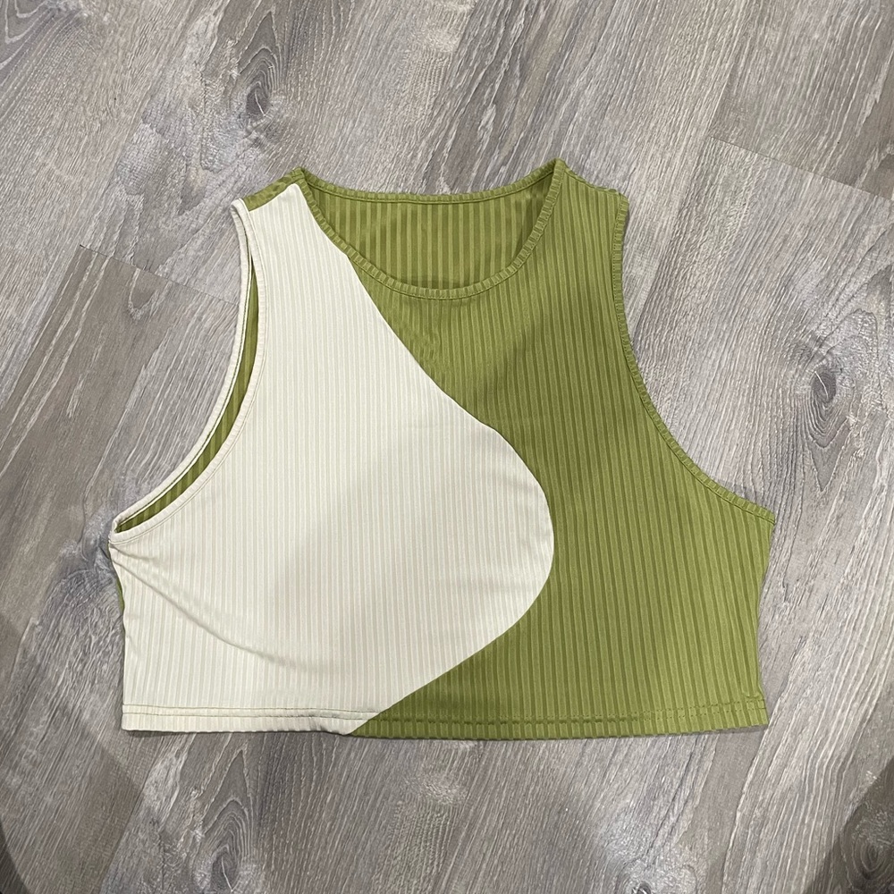 SHEIN Cream/Green Ribbed Crop Top